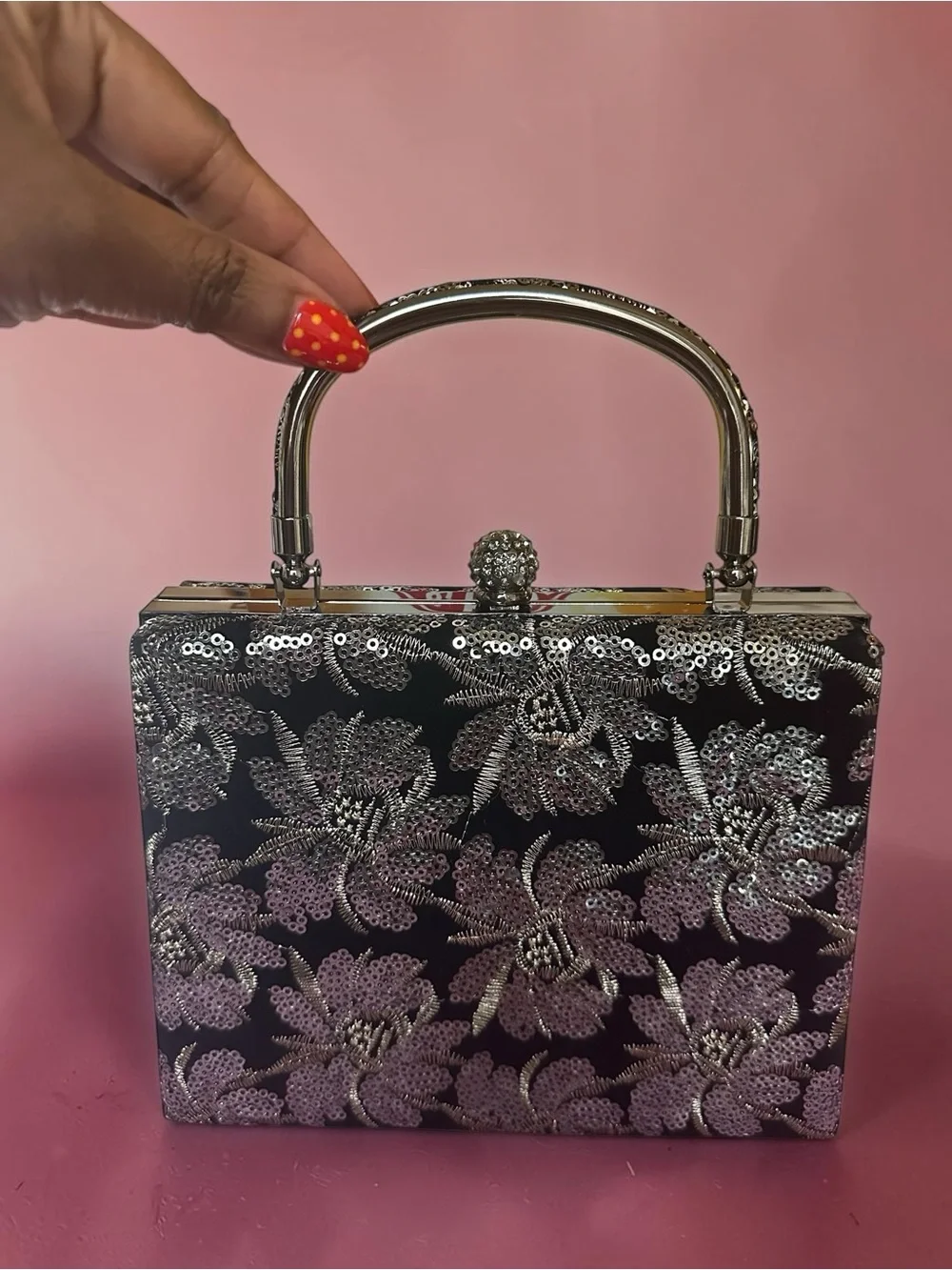 Sequin Floral Box Clutch with Top Handle - Black Silver